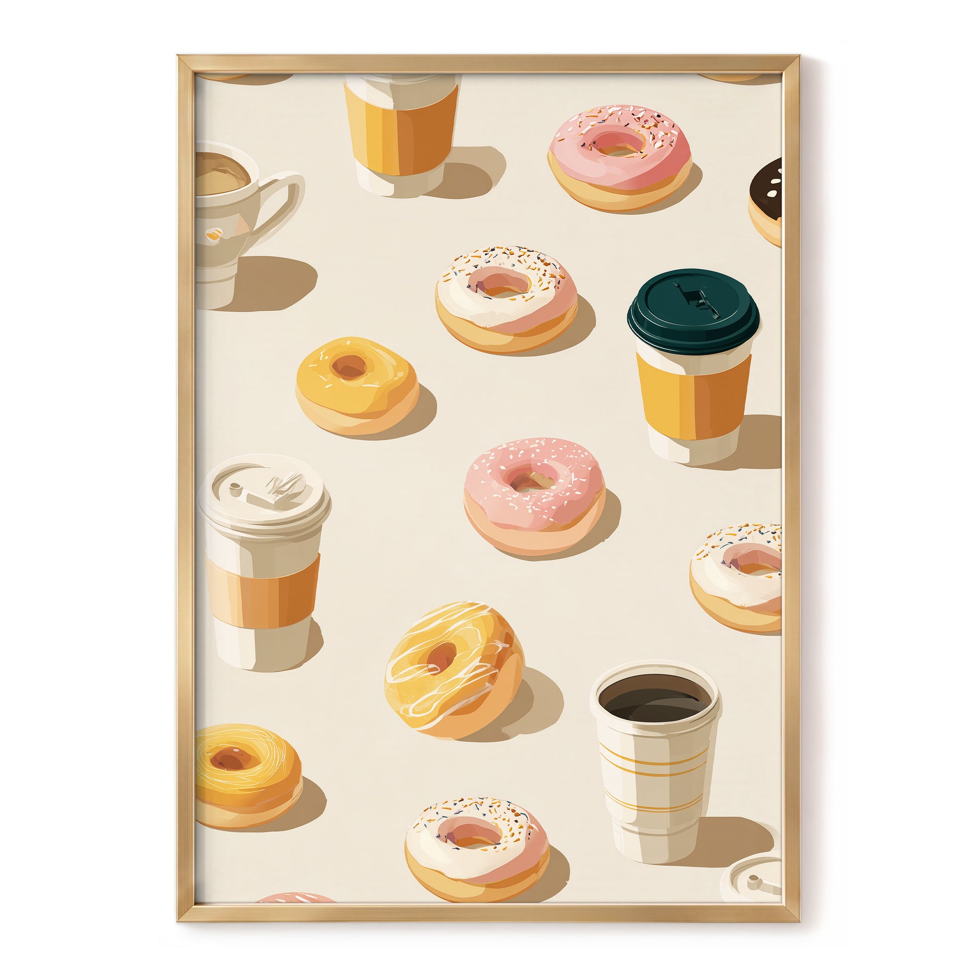 Coffee & Doughnut Day, beige, gold, pink minimalist wall art, front artwork view