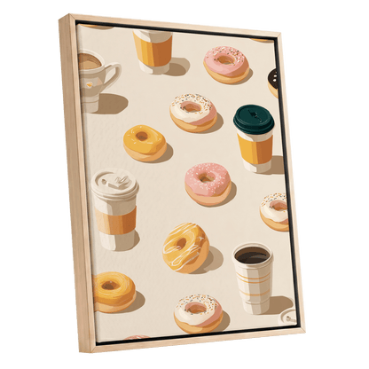Coffee & Doughnut Day, beige, gold, pink minimalist wall art shown as a oak framed canvas wall art