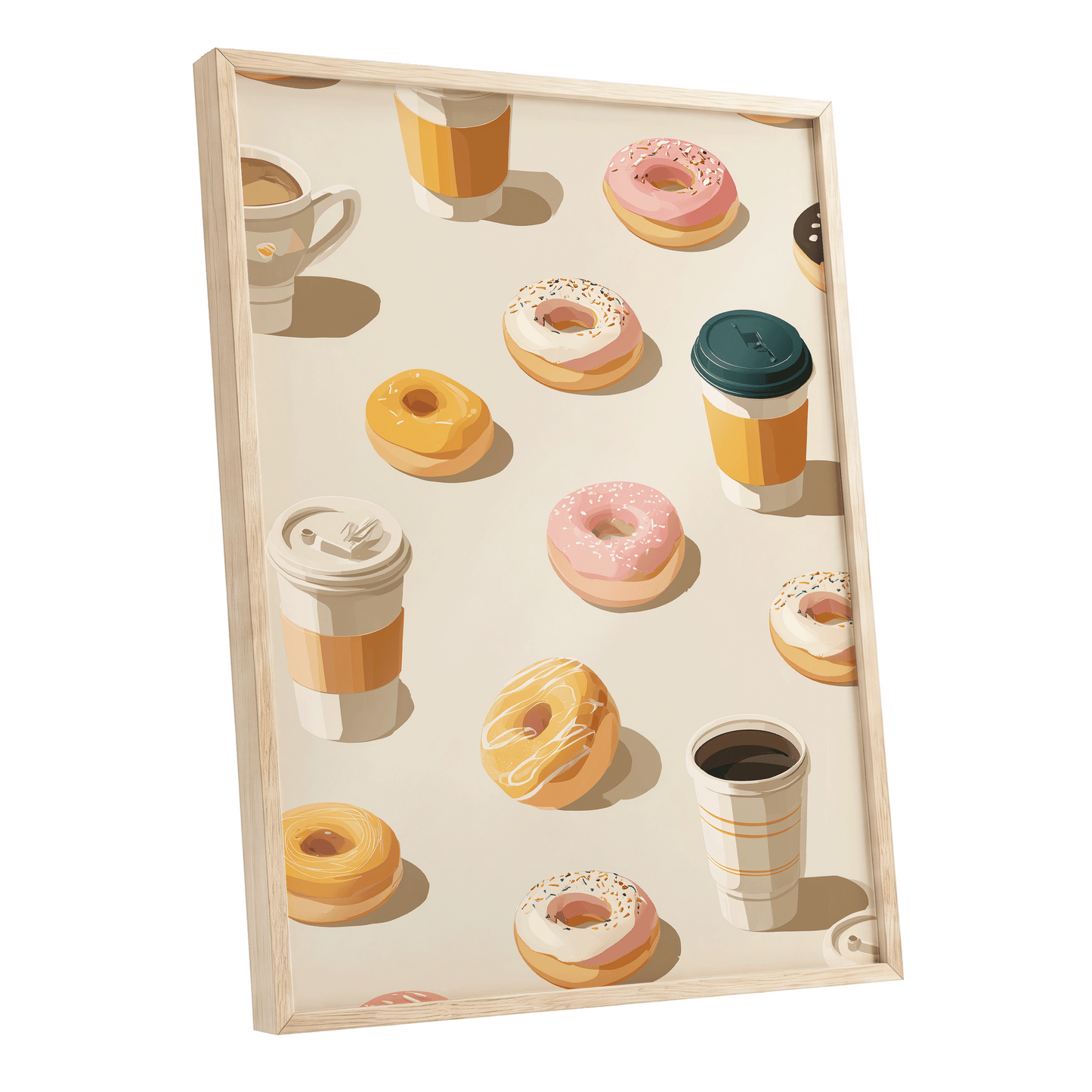 Coffee & Doughnut Day, beige, gold, pink minimalist wall art shown as a oak framed poster wall art print