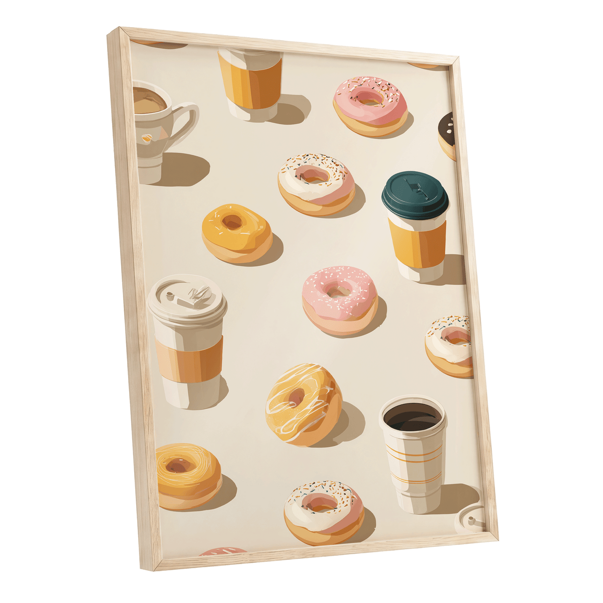 Coffee & Doughnut Day, beige, gold, pink minimalist wall art shown as a oak framed poster wall art print