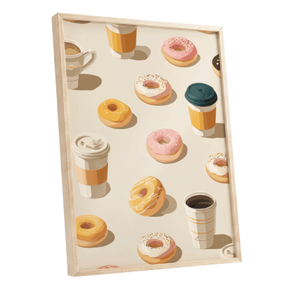 Coffee & Doughnut Day, beige, gold, pink minimalist wall art shown as a oak framed poster wall art print