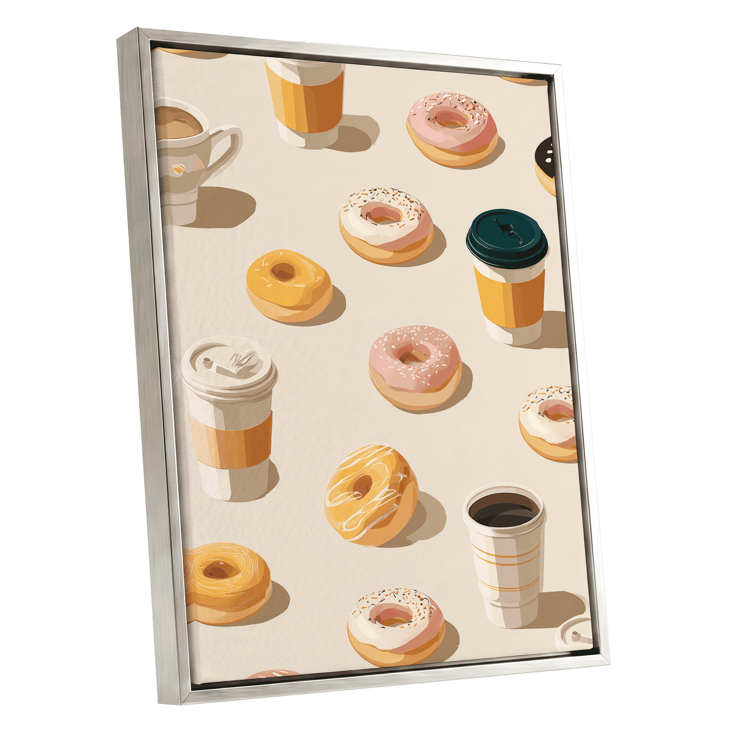 Coffee & Doughnut Day, beige, gold, pink minimalist wall art shown as a silver framed canvas wall art