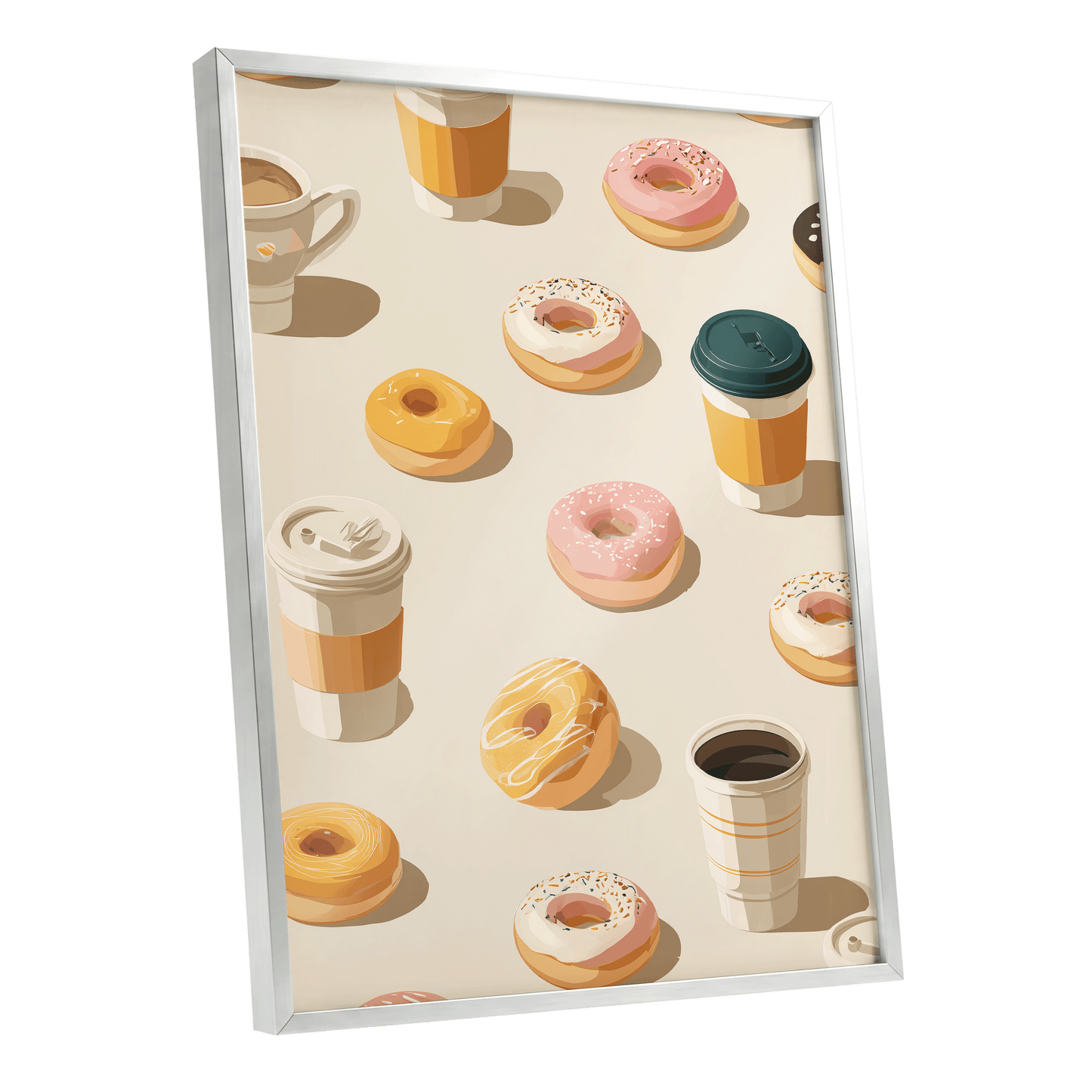 Coffee & Doughnut Day, beige, gold, pink minimalist wall art shown as a silver framed poster wall art print