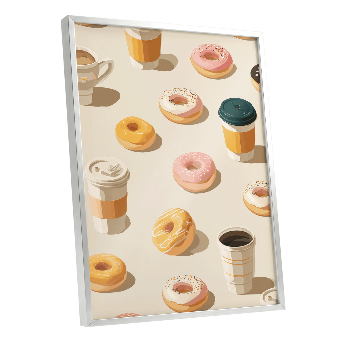 Coffee & Doughnut Day, beige, gold, pink minimalist wall art shown as a silver framed poster wall art print