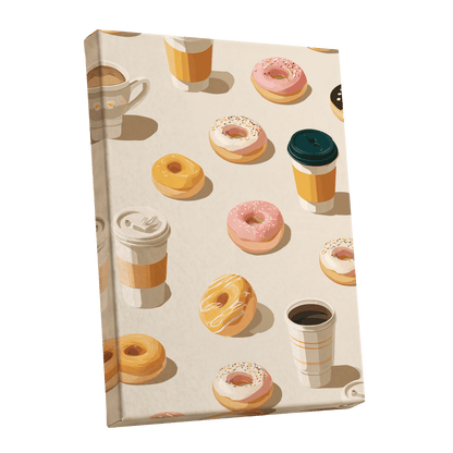 Coffee & Doughnut Day, beige, gold, pink minimalist wall art shown as a stretched canvas wall art