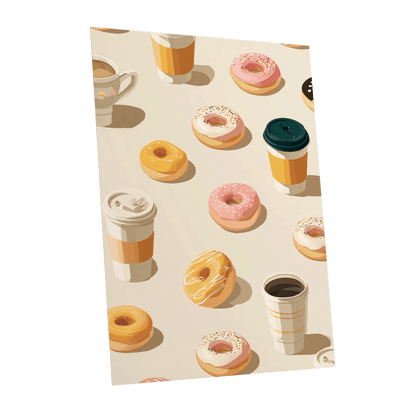 Coffee & Doughnut Day, beige, gold, pink minimalist wall art shown as a unframed poster wall art print