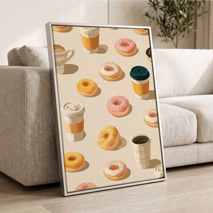 Coffee & Doughnut Day, beige, gold, pink minimalist wall art displayed in a styled interior, gallery view 2