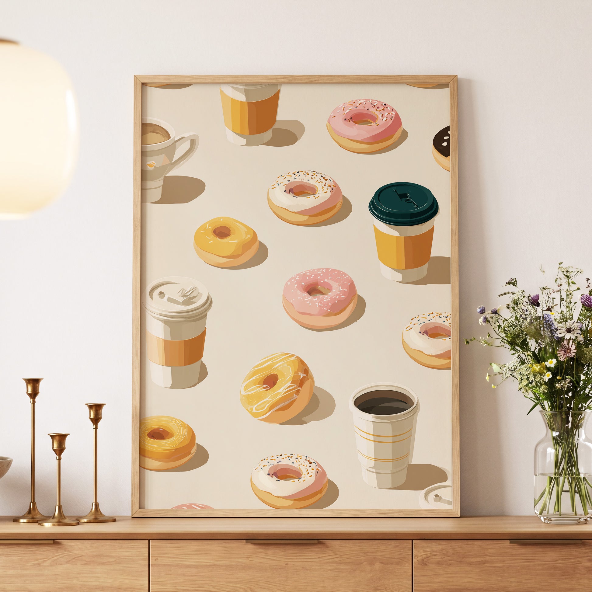 Coffee & Doughnut Day, beige, gold, pink minimalist wall art displayed in a styled interior, gallery view 4