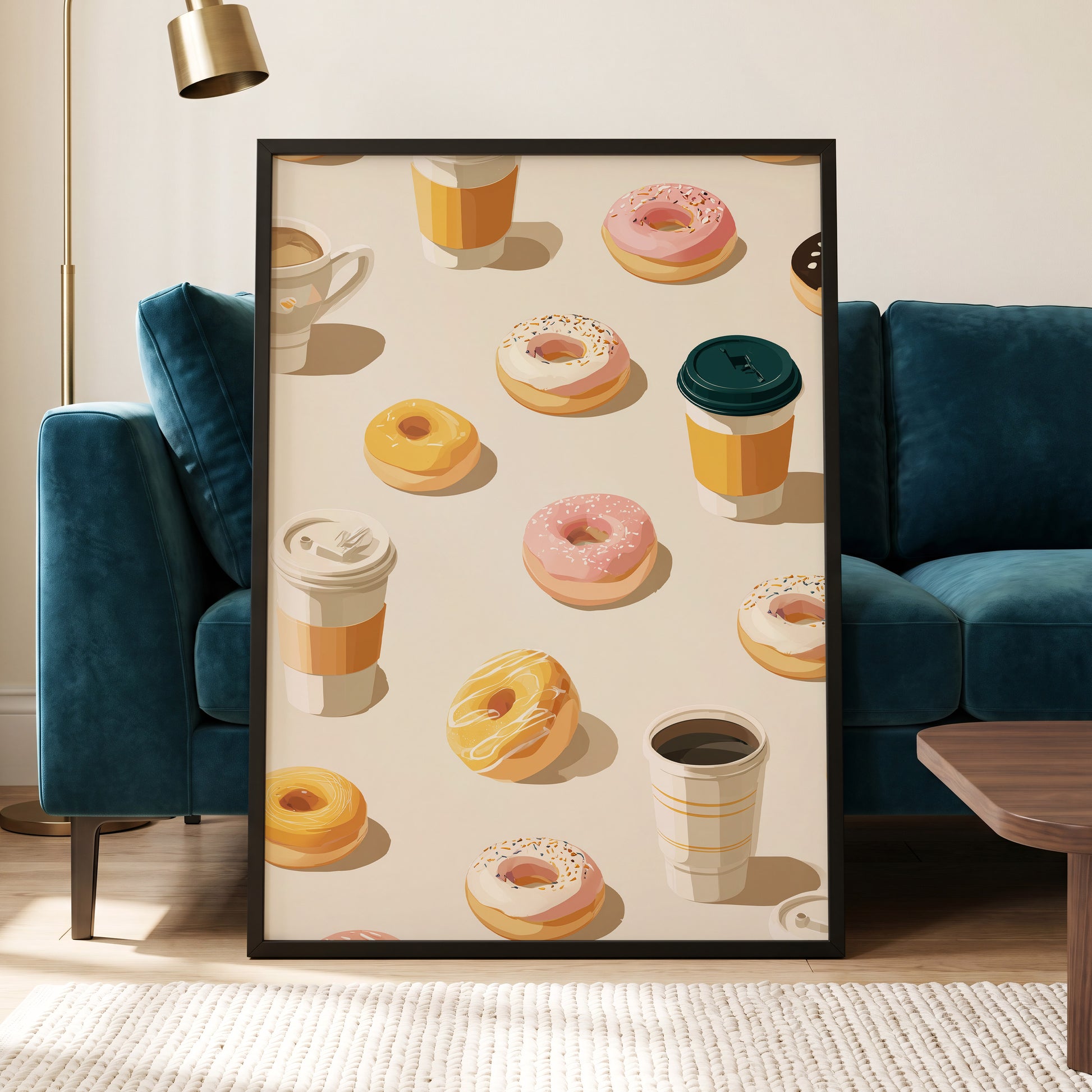 Coffee & Doughnut Day, beige, gold, pink minimalist wall art displayed in a styled interior, gallery view 5