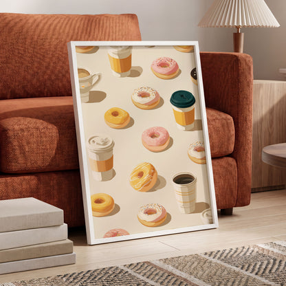 Coffee & Doughnut Day, beige, gold, pink minimalist wall art displayed in a styled interior, gallery view 6