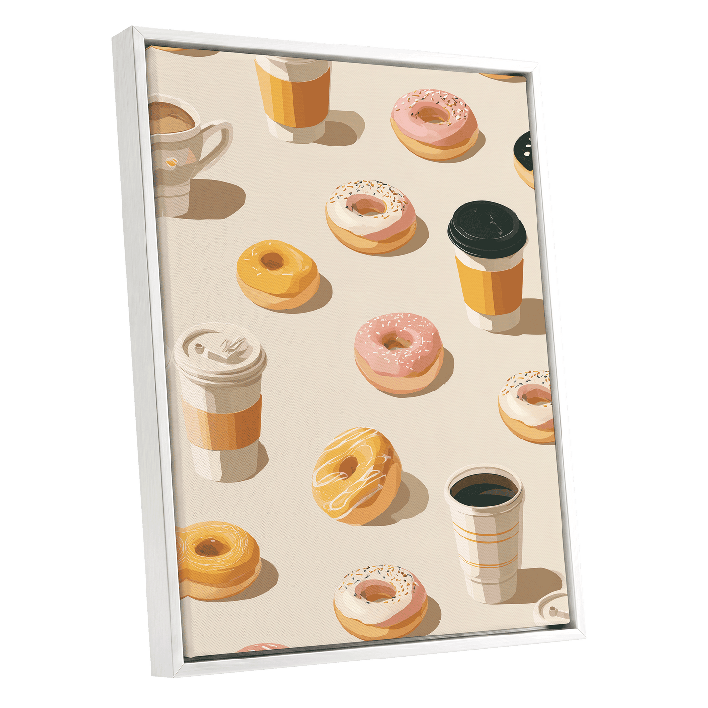Coffee & Doughnut Day, beige, gold, pink minimalist wall art shown as a white framed canvas wall art