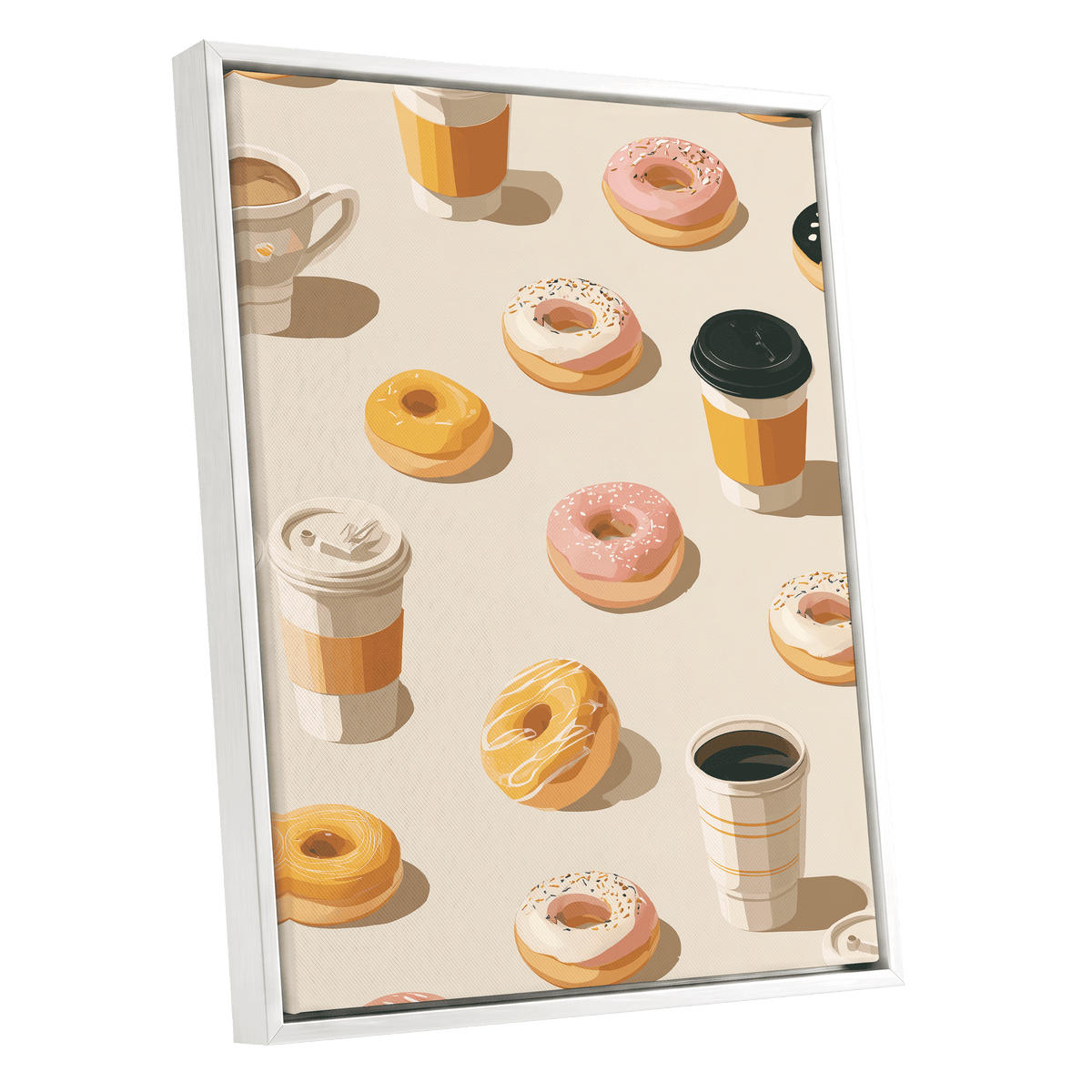 Coffee & Doughnut Day, beige, gold, pink minimalist wall art shown as a white framed canvas wall art