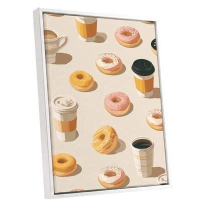 Coffee & Doughnut Day, beige, gold, pink minimalist wall art shown as a white framed canvas wall art