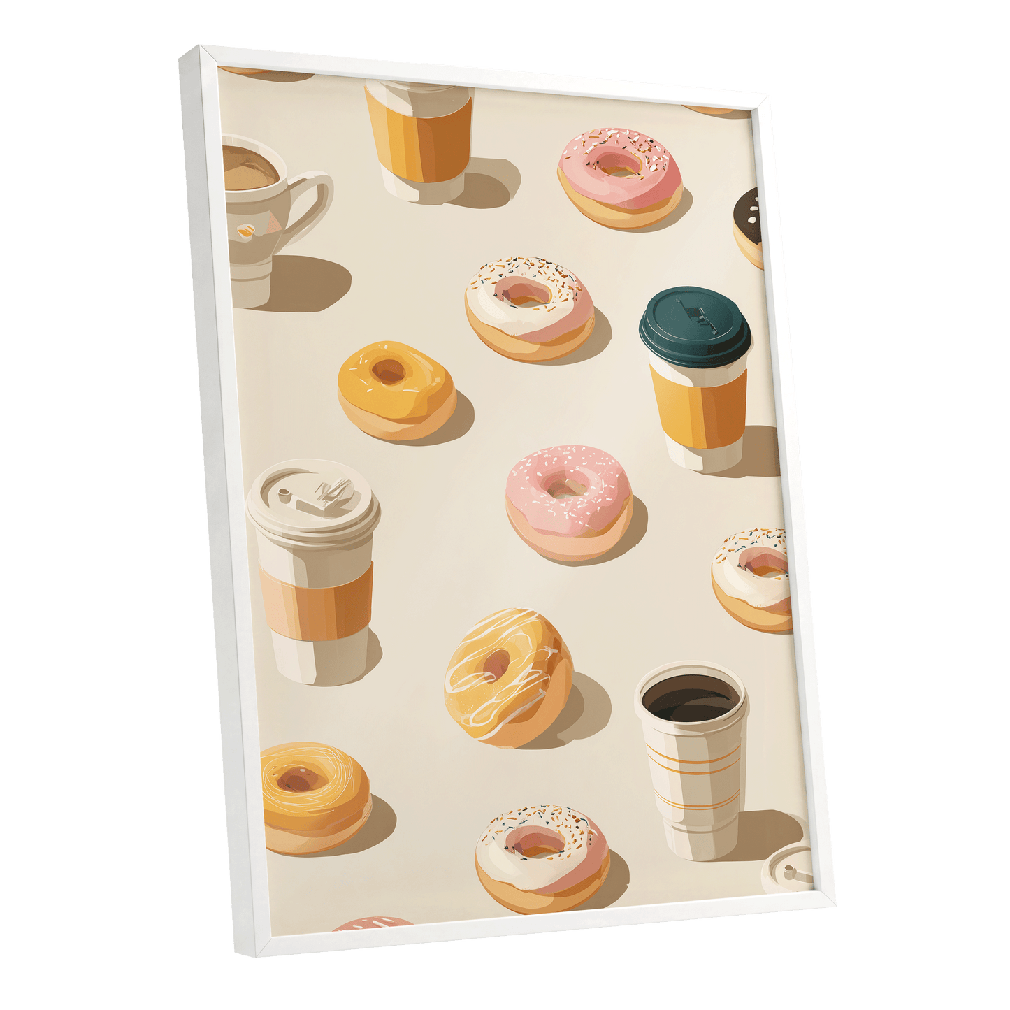 Coffee & Doughnut Day, beige, gold, pink minimalist wall art shown as a white framed poster wall art print