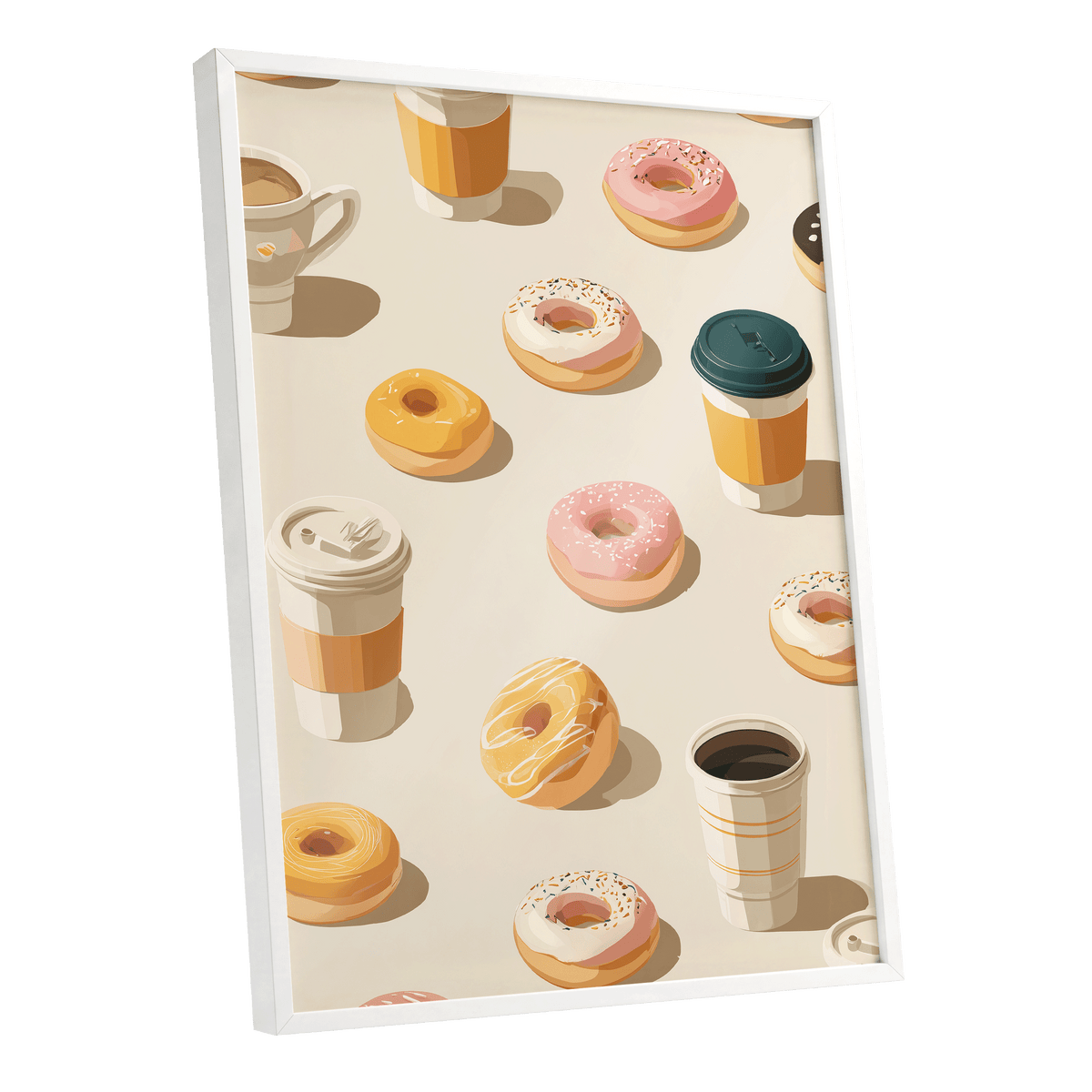 Coffee & Doughnut Day, beige, gold, pink minimalist wall art shown as a white framed poster wall art print