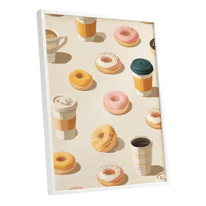 Coffee & Doughnut Day, beige, gold, pink minimalist wall art shown as a white framed poster wall art print