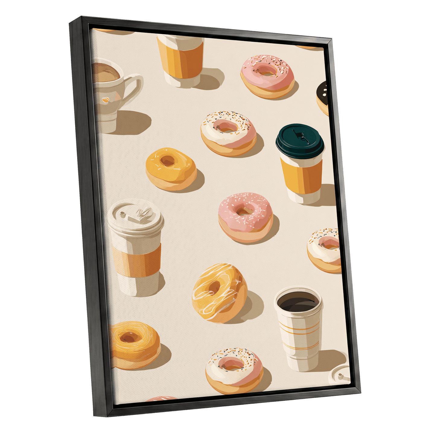 Coffee & Doughnut Parade, beige, orange, pink minimalist wall art shown as a black framed canvas wall art
