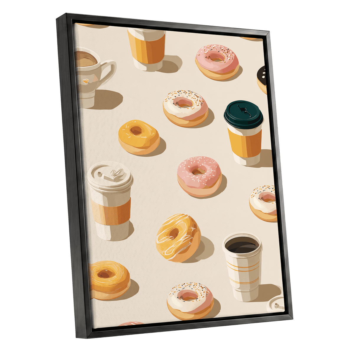 Coffee & Doughnut Parade, beige, orange, pink minimalist wall art shown as a black framed canvas wall art