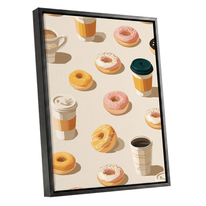 Coffee & Doughnut Parade, beige, orange, pink minimalist wall art shown as a black framed canvas wall art