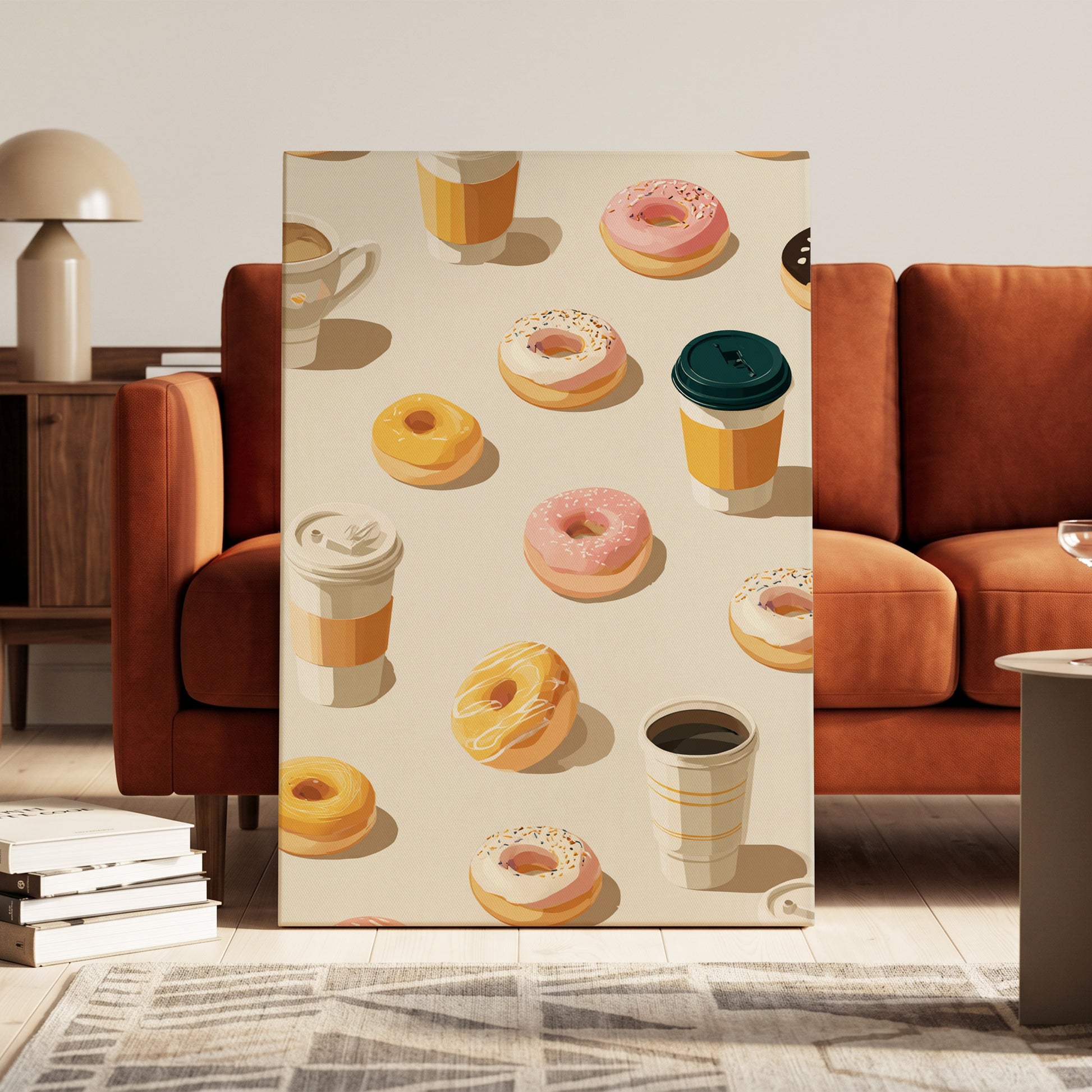 Coffee & Doughnut Parade, beige, orange, pink minimalist wall art on canvas displayed in a styled interior, gallery view 2