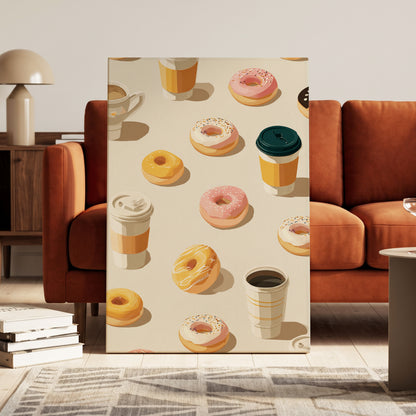 Coffee & Doughnut Parade, beige, orange, pink minimalist wall art on canvas displayed in a styled interior, gallery view 2