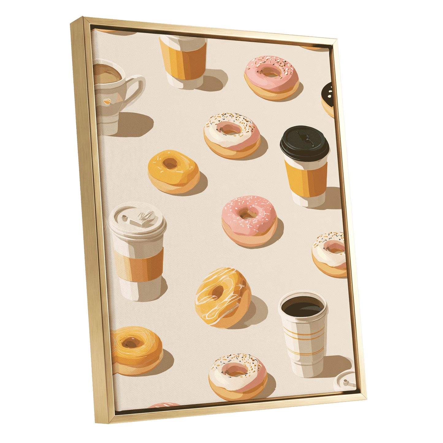 Coffee & Doughnut Parade, beige, orange, pink minimalist wall art shown as a gold framed canvas wall art