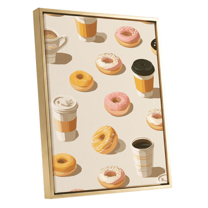 Coffee & Doughnut Parade, beige, orange, pink minimalist wall art shown as a gold framed canvas wall art