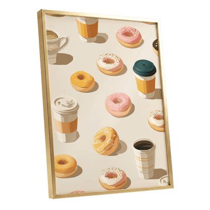 Coffee & Doughnut Parade, beige, orange, pink minimalist wall art shown as a gold framed poster wall art print