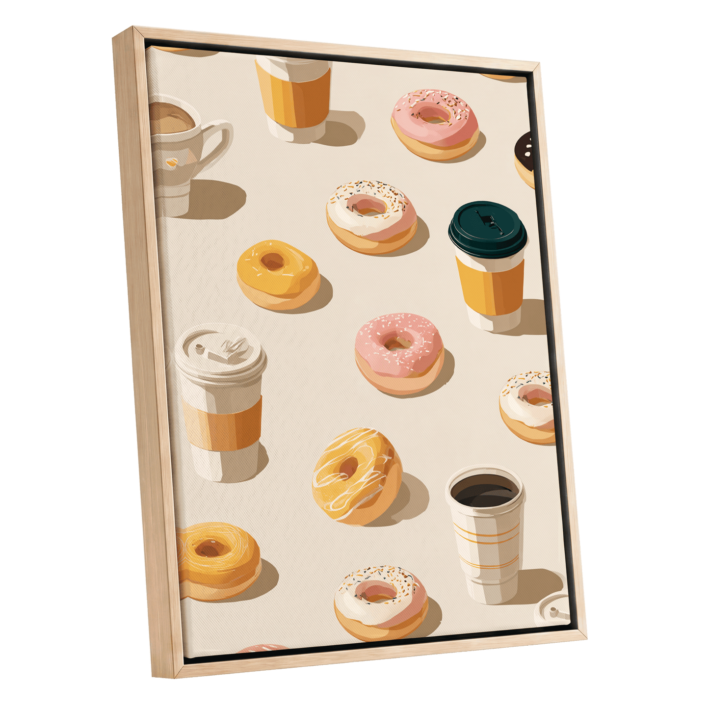 Coffee & Doughnut Parade, beige, orange, pink minimalist wall art shown as a oak framed canvas wall art