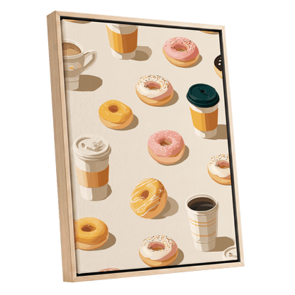 Coffee & Doughnut Parade, beige, orange, pink minimalist wall art shown as a oak framed canvas wall art