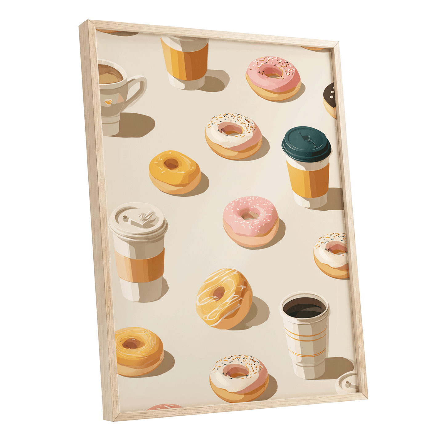 Coffee & Doughnut Parade, beige, orange, pink minimalist wall art shown as a oak framed poster wall art print