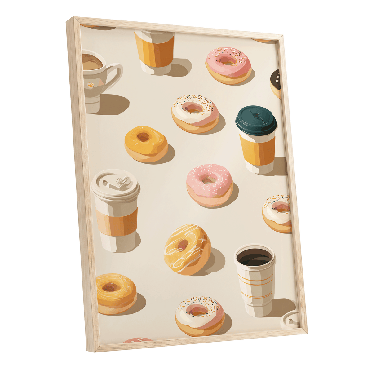 Coffee & Doughnut Parade, beige, orange, pink minimalist wall art shown as a oak framed poster wall art print