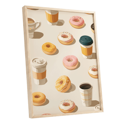 Coffee & Doughnut Parade, beige, orange, pink minimalist wall art shown as a oak framed poster wall art print
