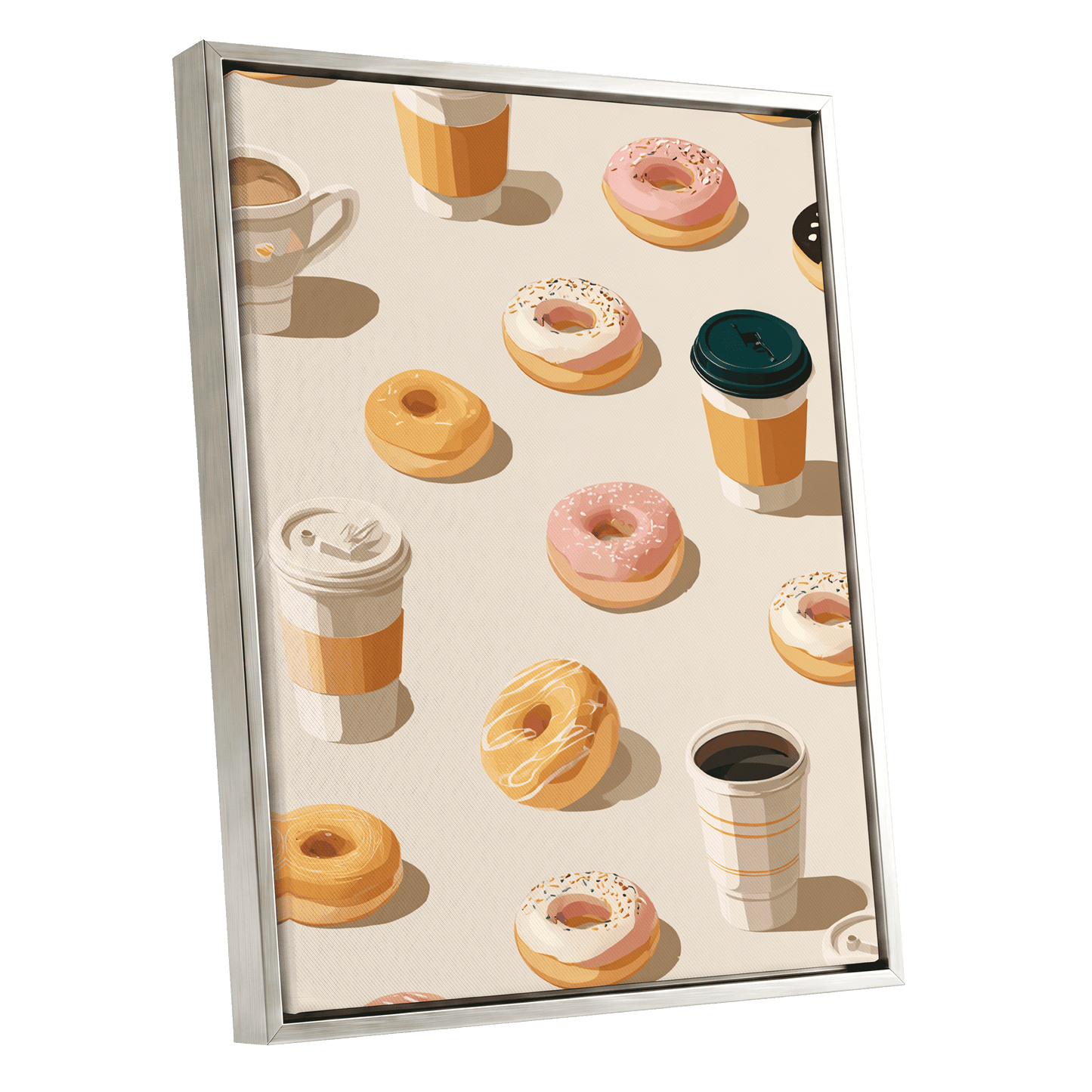 Coffee & Doughnut Parade, beige, orange, pink minimalist wall art shown as a silver framed canvas wall art