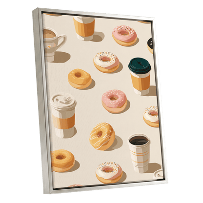 Coffee & Doughnut Parade, beige, orange, pink minimalist wall art shown as a silver framed canvas wall art