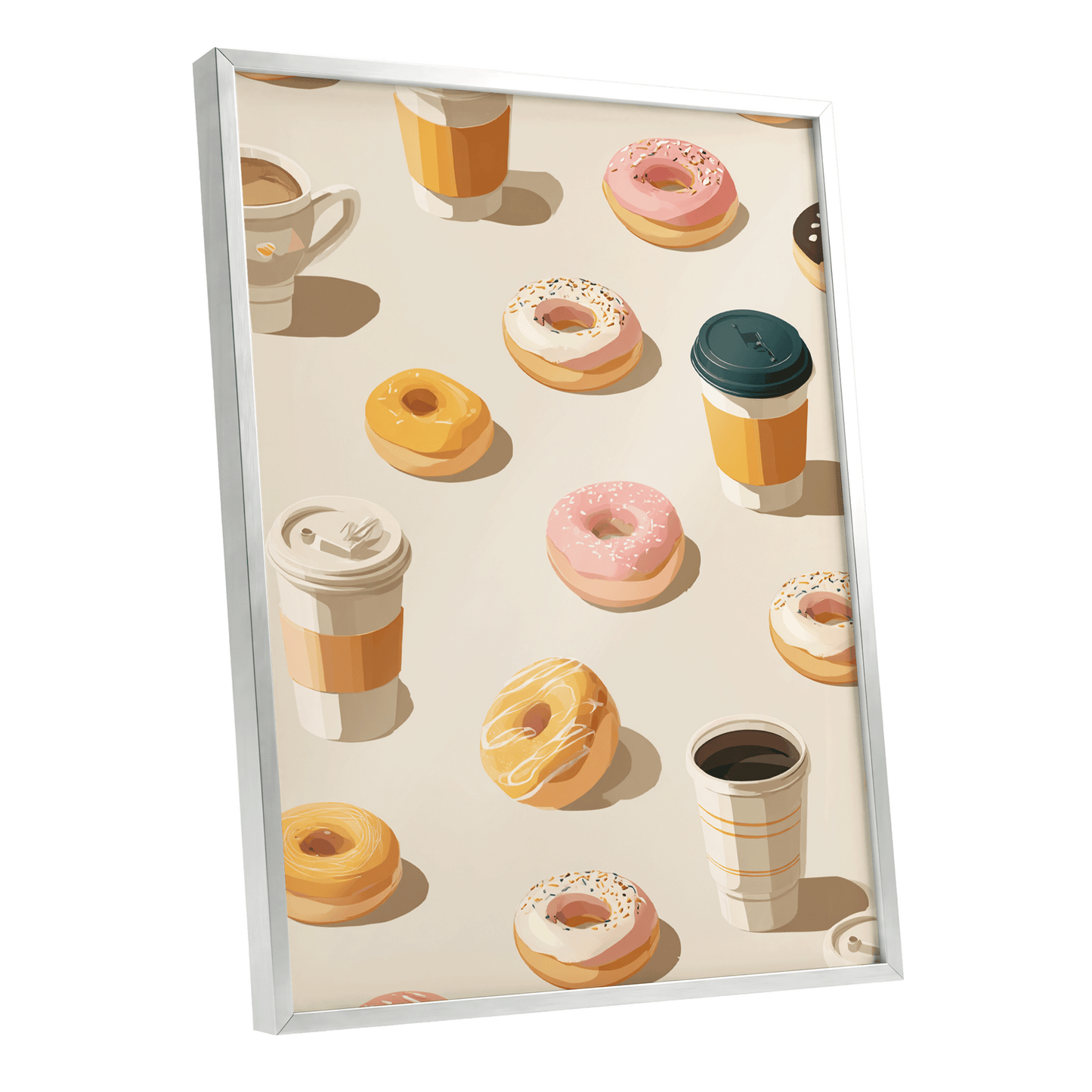 Coffee & Doughnut Parade, beige, orange, pink minimalist wall art shown as a silver framed poster wall art print