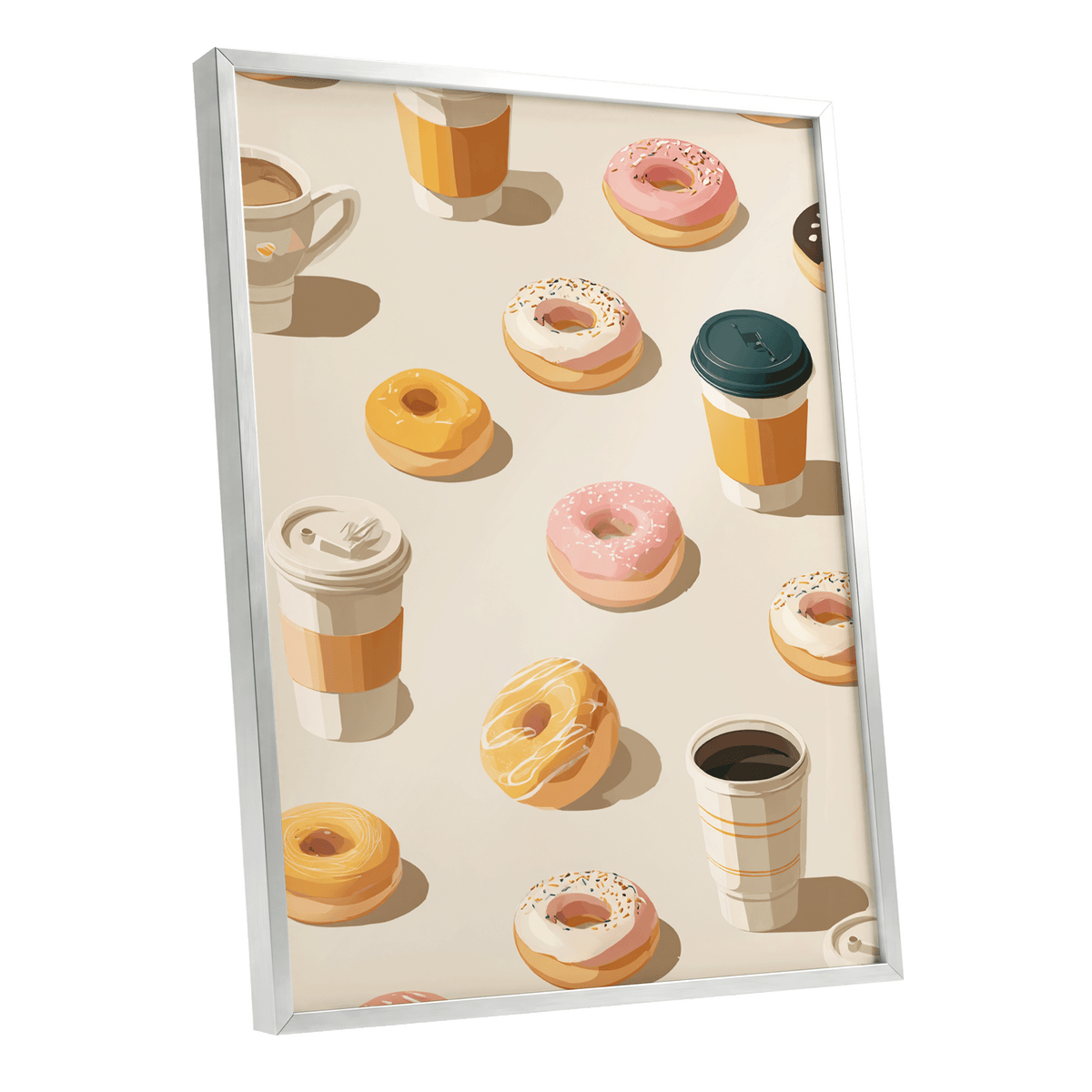 Coffee & Doughnut Parade, beige, orange, pink minimalist wall art shown as a silver framed poster wall art print