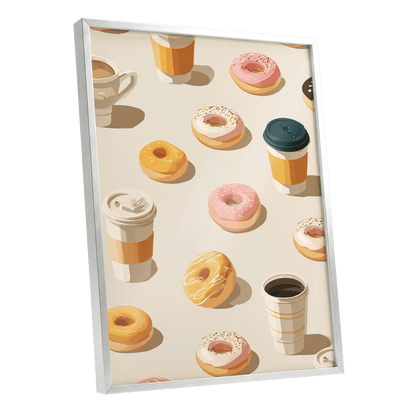 Coffee & Doughnut Parade, beige, orange, pink minimalist wall art shown as a silver framed poster wall art print