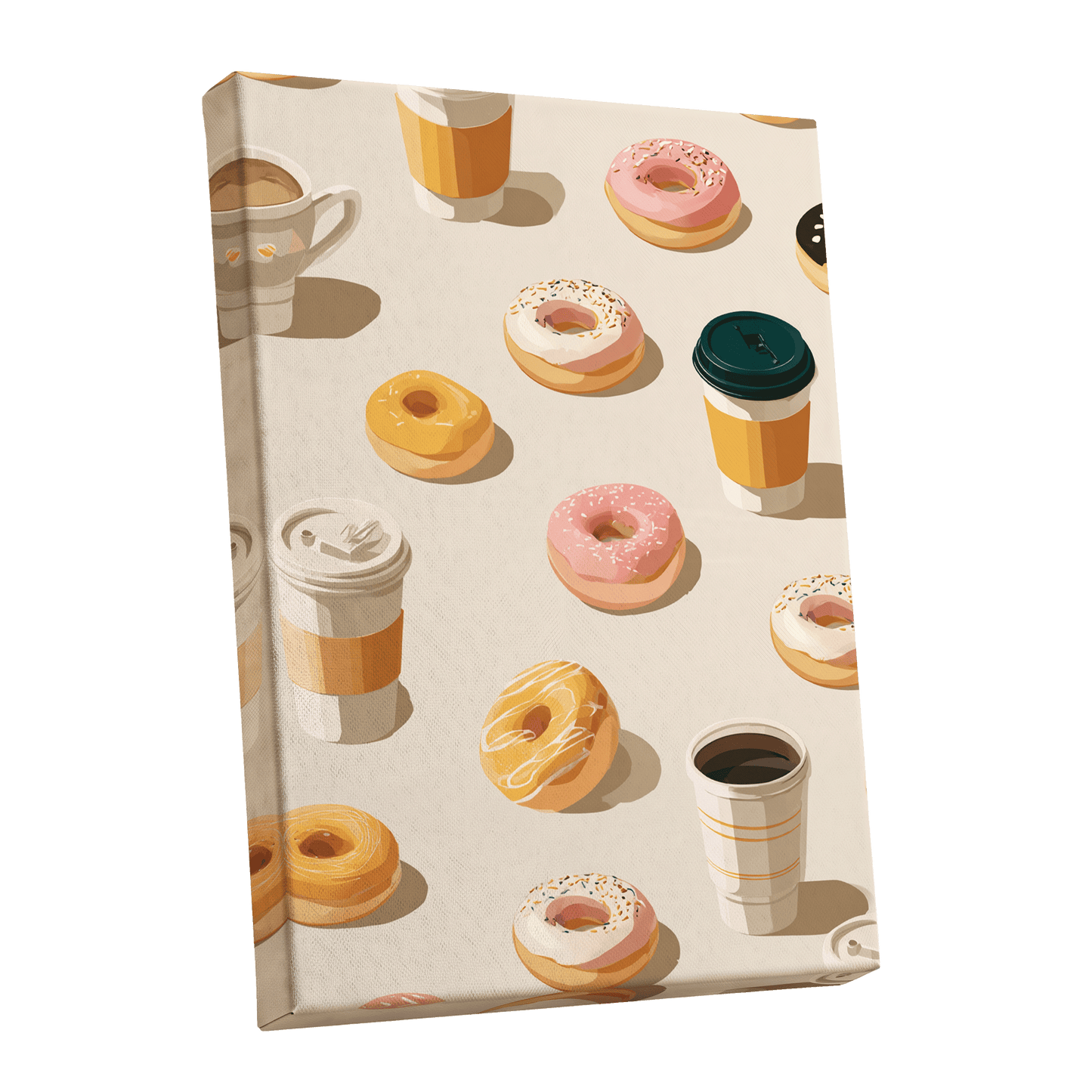 Coffee & Doughnut Parade, beige, orange, pink minimalist wall art shown as a stretched canvas wall art