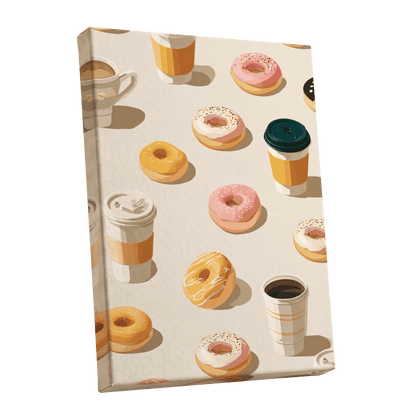 Coffee & Doughnut Parade, beige, orange, pink minimalist wall art shown as a stretched canvas wall art