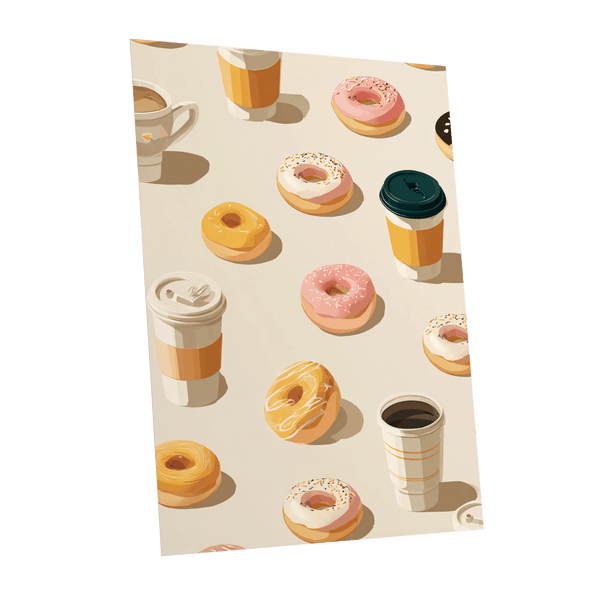 Coffee & Doughnut Parade, beige, orange, pink minimalist wall art shown as a unframed poster wall art print