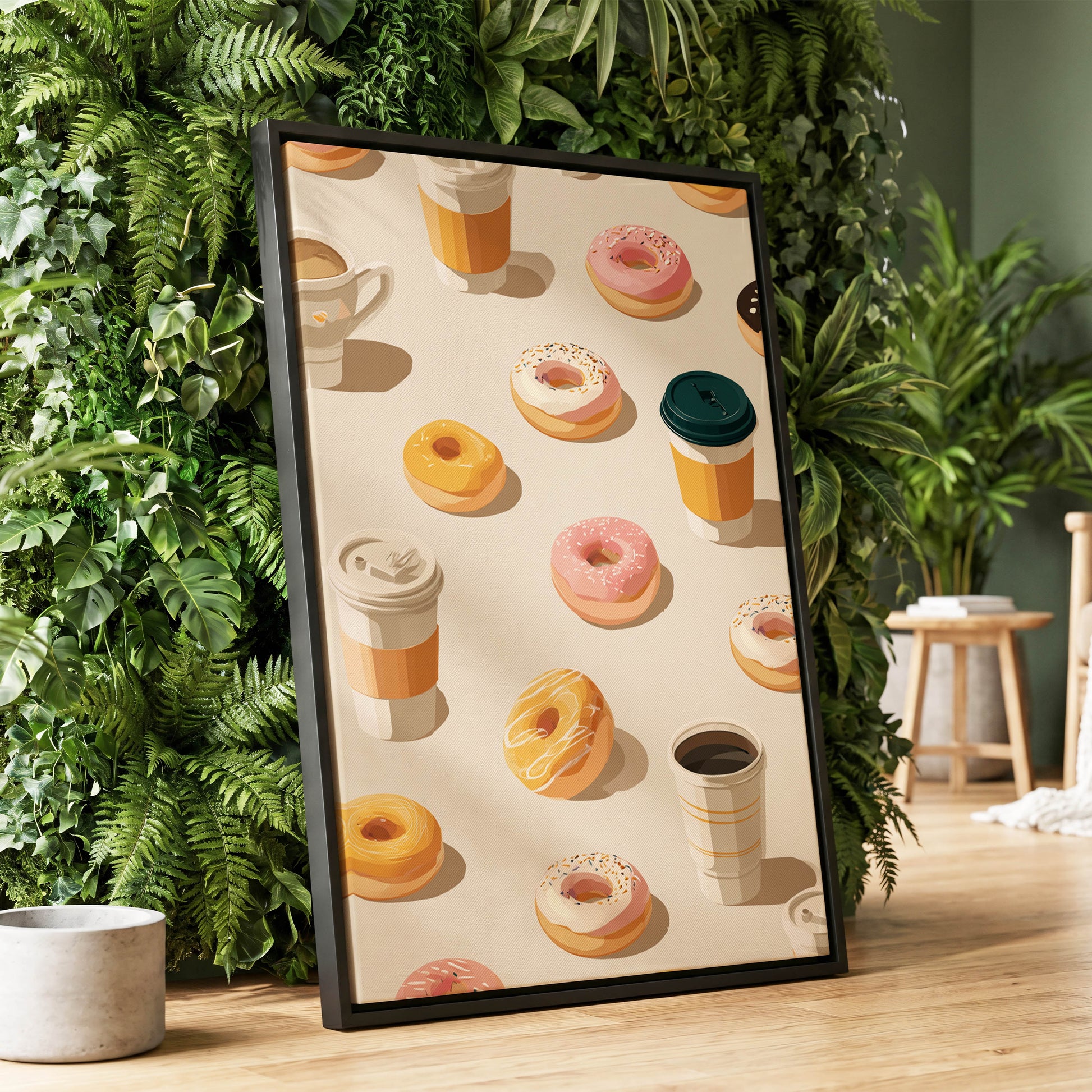 Coffee & Doughnut Parade, beige, orange, pink minimalist wall art displayed in a styled interior, gallery view 1