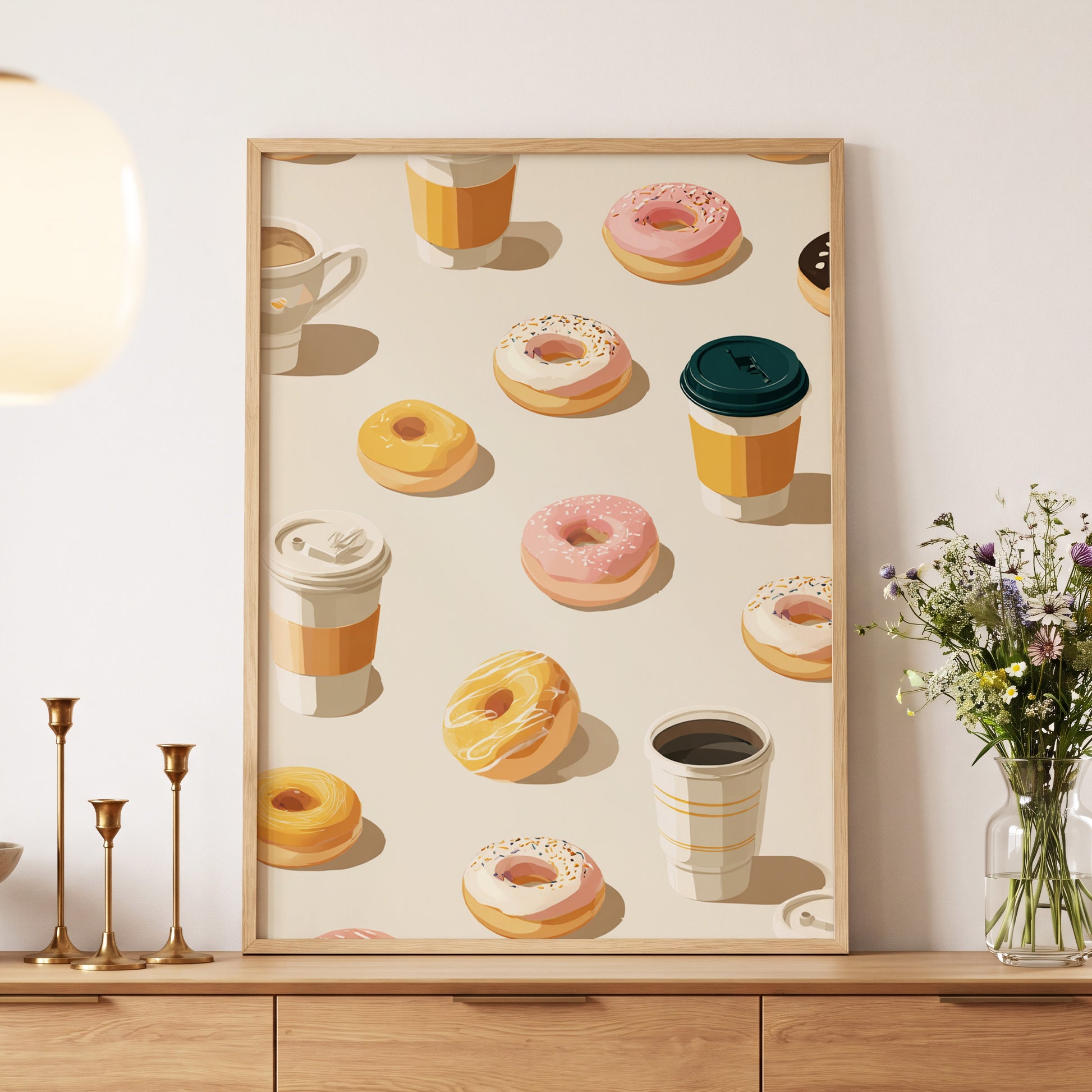 Coffee & Doughnut Parade, beige, orange, pink minimalist wall art displayed in a styled interior, gallery view 4
