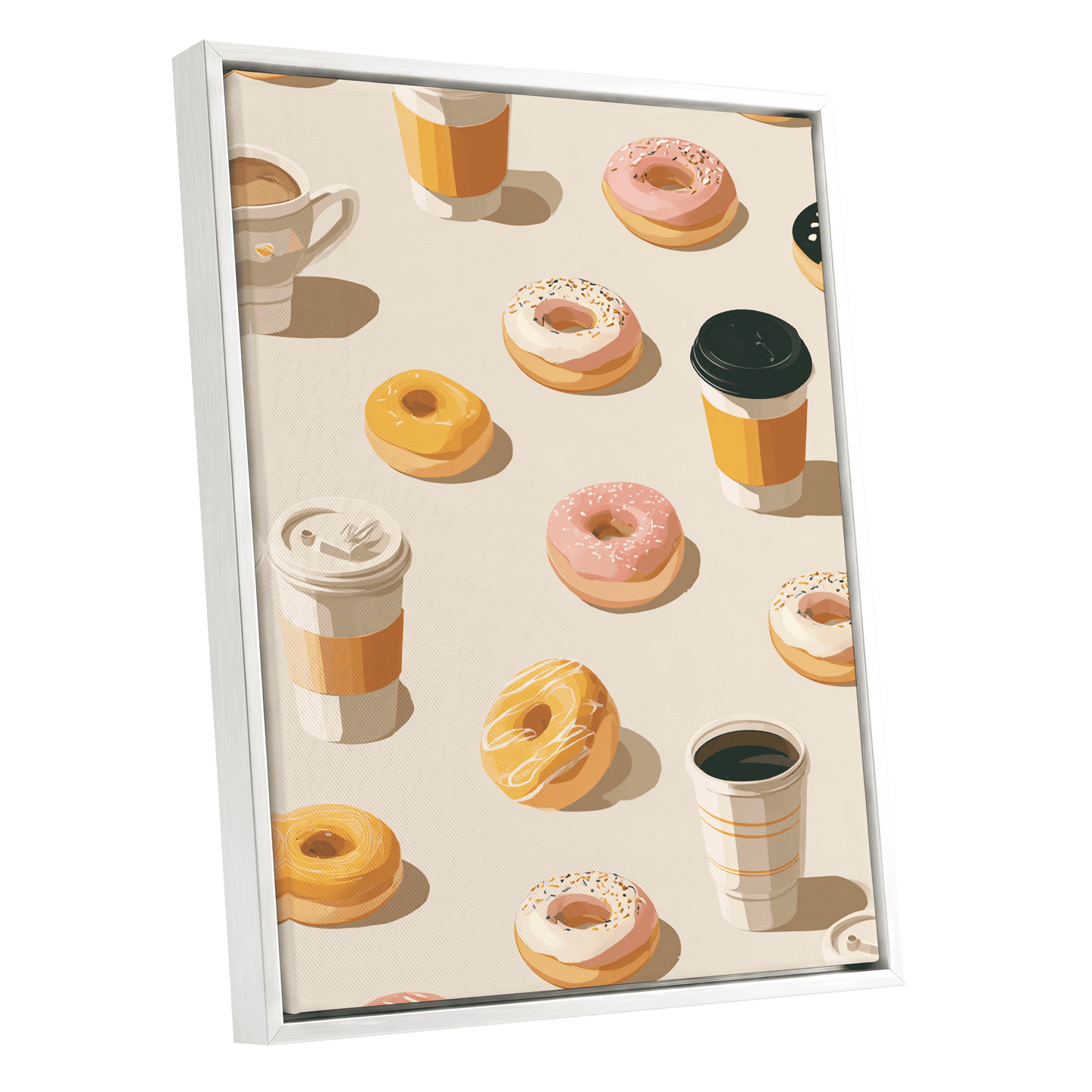 Coffee & Doughnut Parade, beige, orange, pink minimalist wall art shown as a white framed canvas wall art