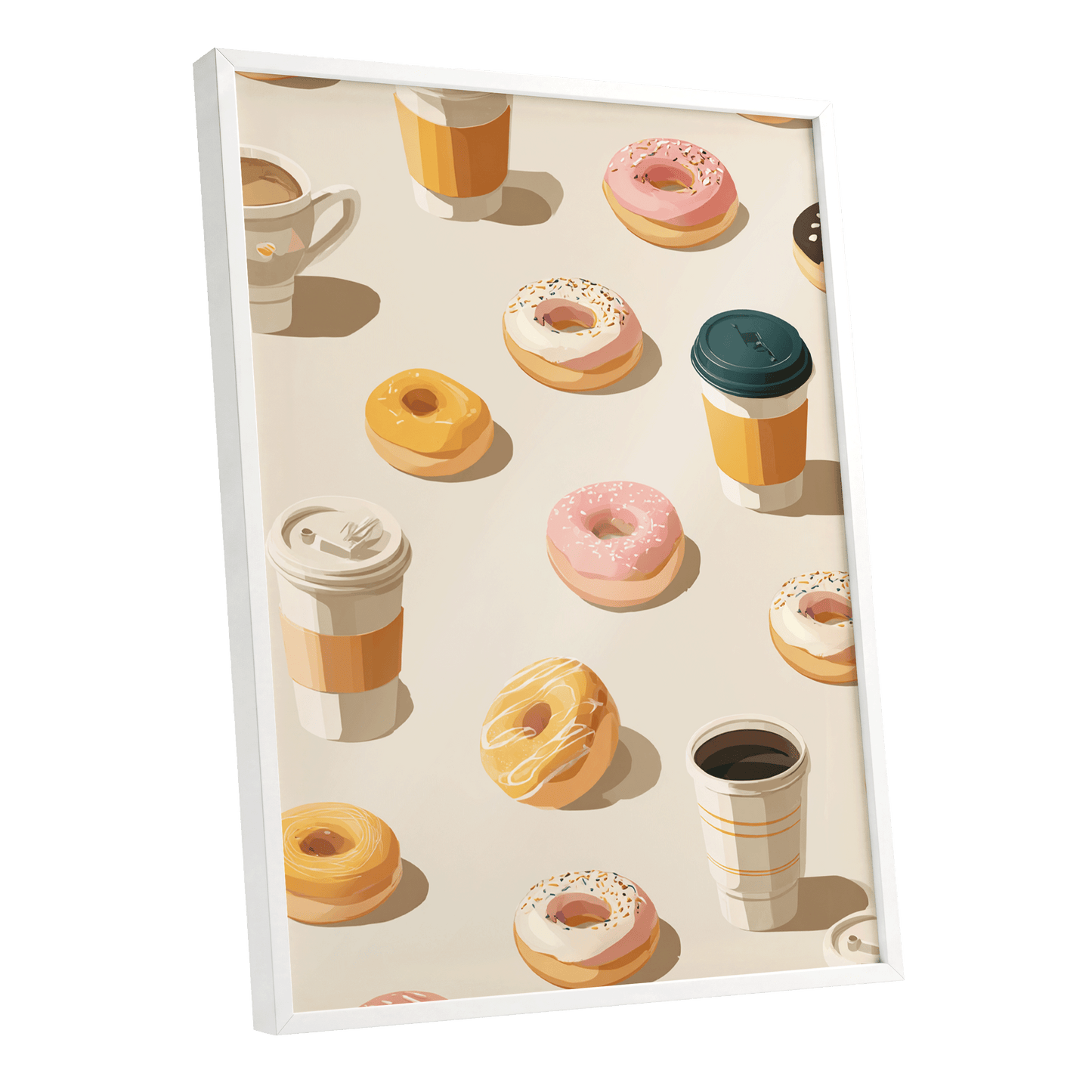 Coffee & Doughnut Parade, beige, orange, pink minimalist wall art shown as a white framed poster wall art print