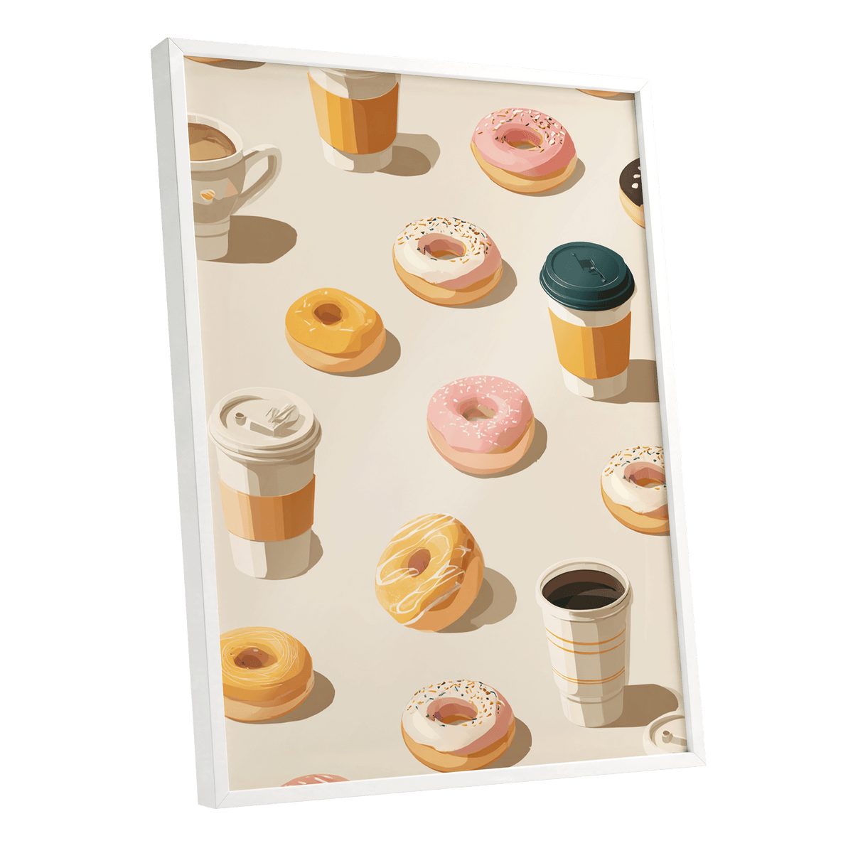 Coffee & Doughnut Parade, beige, orange, pink minimalist wall art shown as a white framed poster wall art print