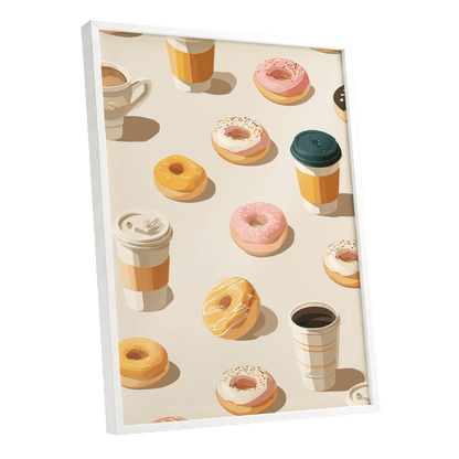 Coffee & Doughnut Parade, beige, orange, pink minimalist wall art shown as a white framed poster wall art print