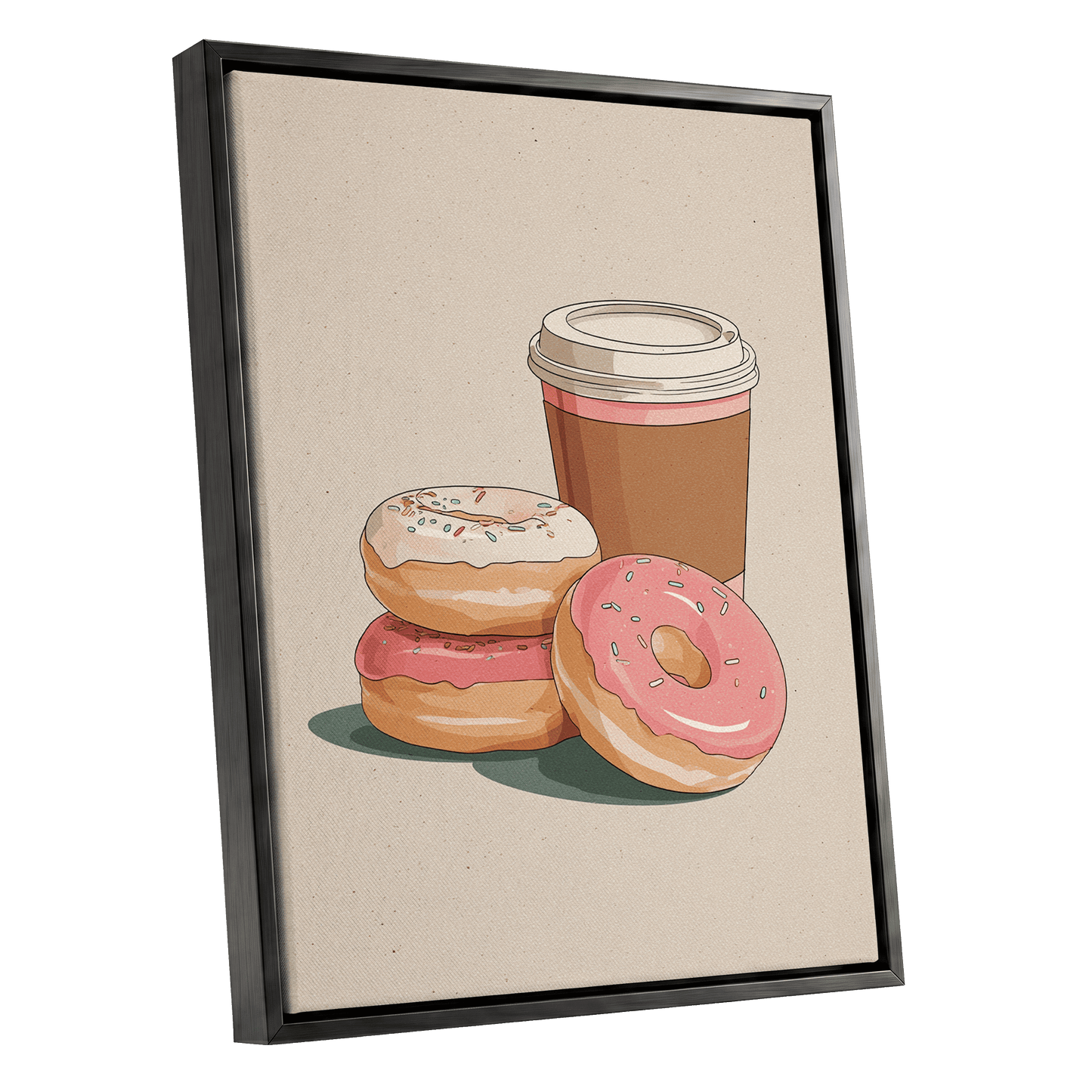 Coffee & Doughnuts, beige, brown, pink minimalist wall art shown as a black framed canvas wall art