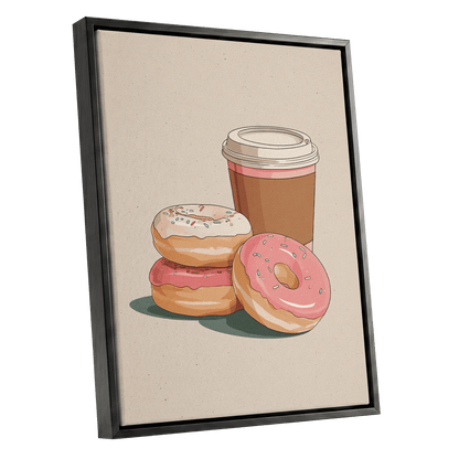 Coffee & Doughnuts, beige, brown, pink minimalist wall art shown as a black framed canvas wall art