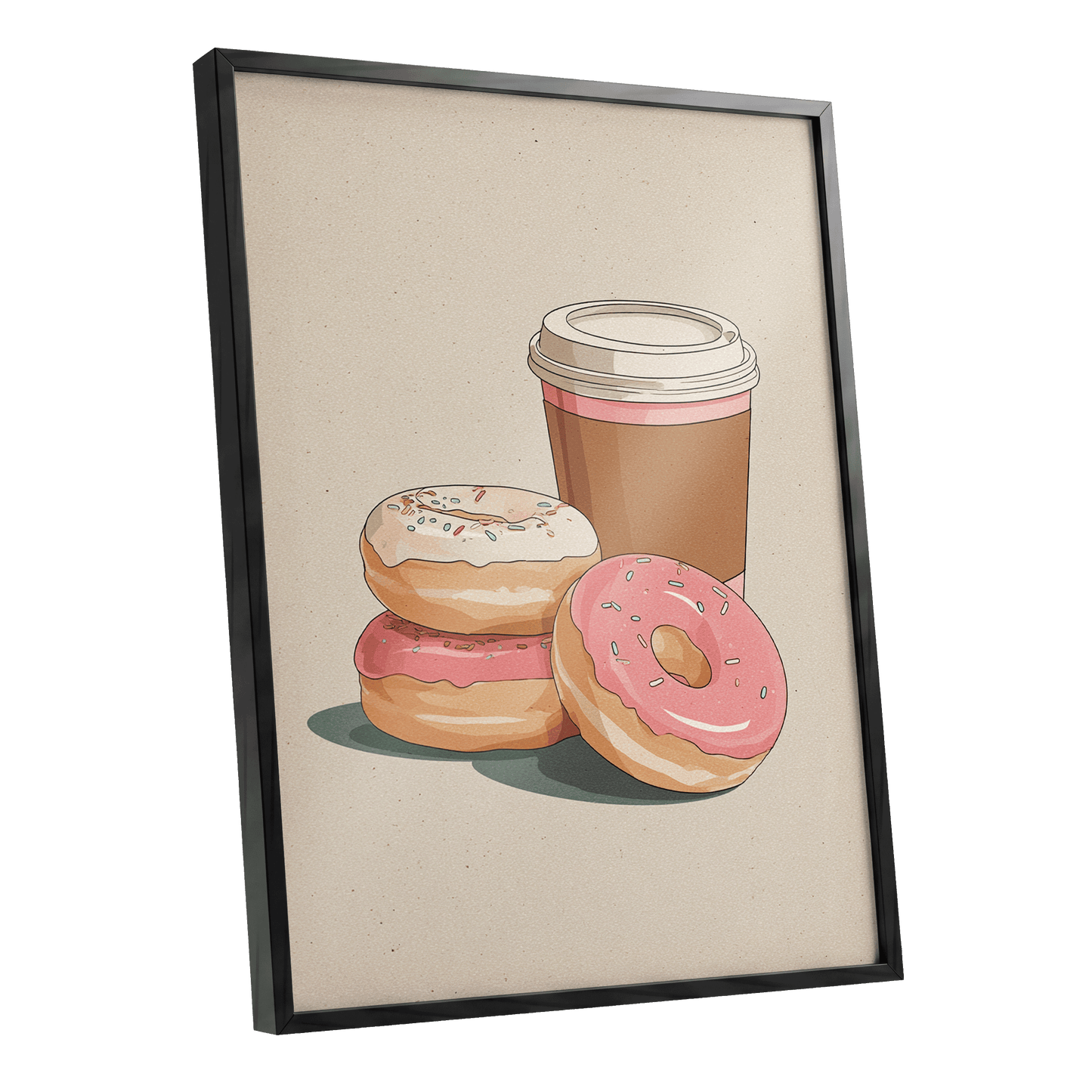 Coffee & Doughnuts, beige, brown, pink minimalist wall art shown as a black framed poster wall art print